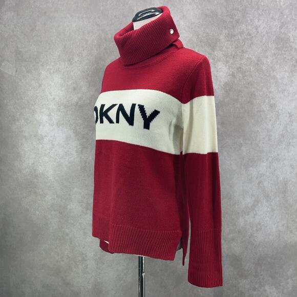DKNY Womens SM Red White Logo Knit Turtle Neck Sweater Preppy Holiday - Picture 6 of 10